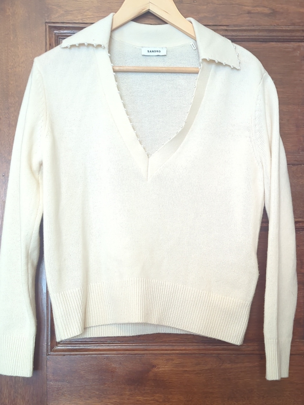 NWT Sandro Pearl Beaded V-Neck 100% Wool Sweater Size 0 | Cream - Picture 2 of 5